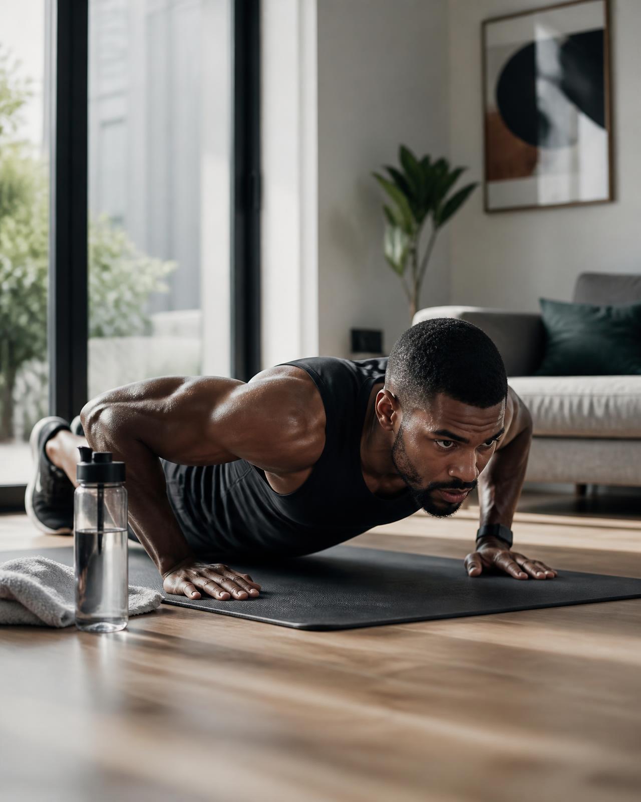Training at home on a mat in a bright living room