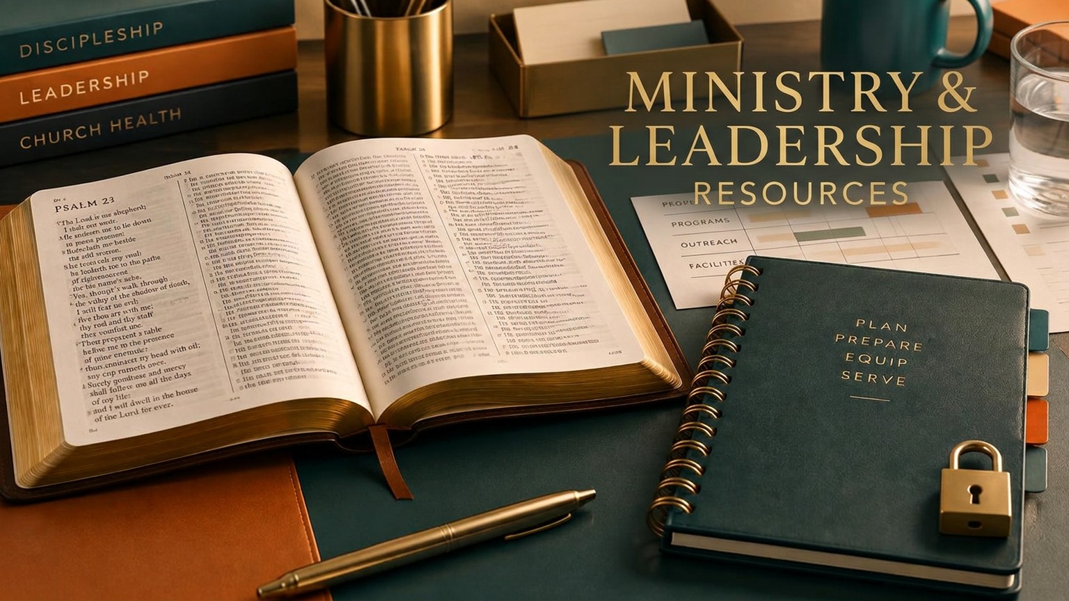 Open Bible, ministry planning documents, and a secured leadership notebook