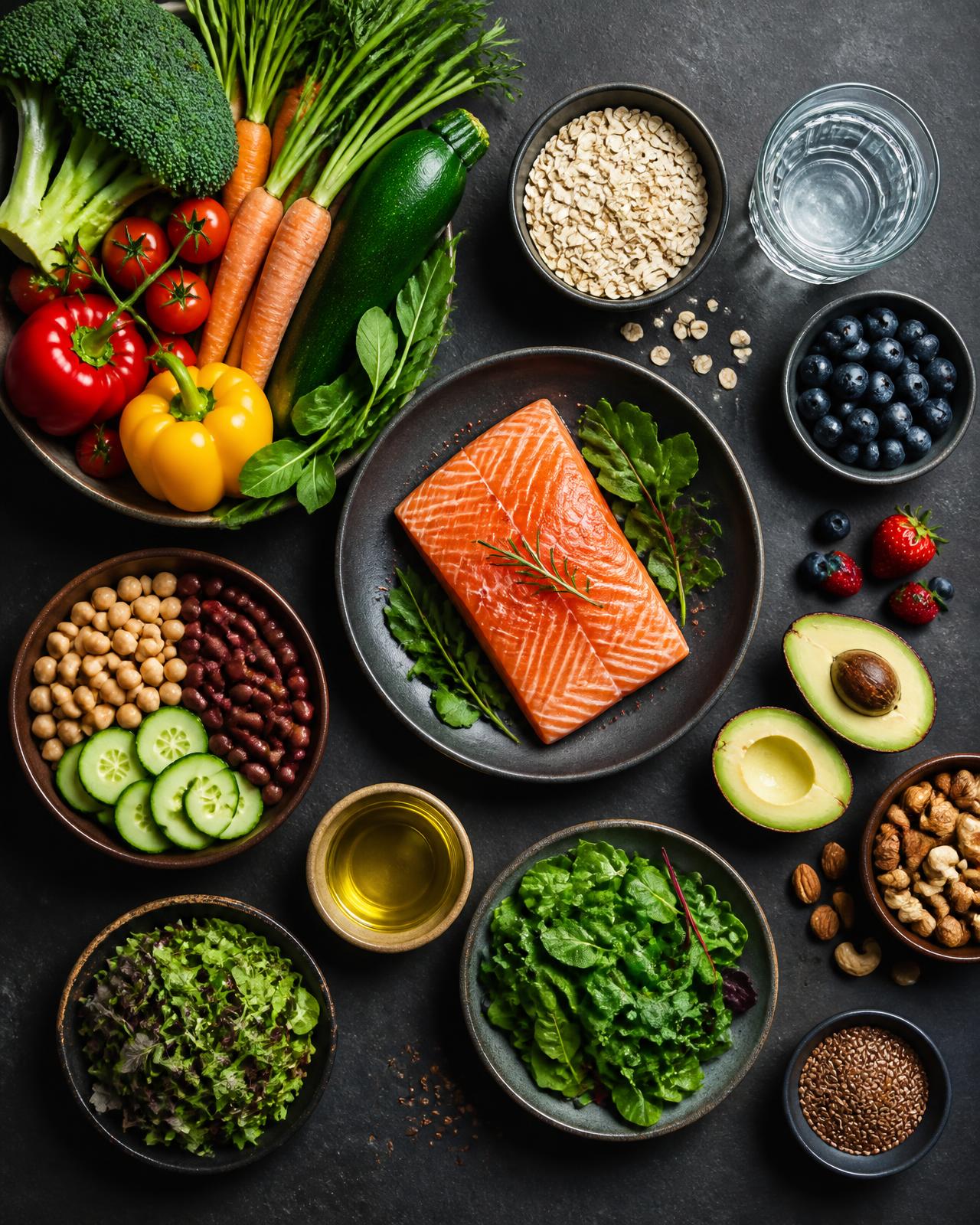 Fresh vegetables, fruit, beans, oats, salmon, nuts and olive oil on a dark table