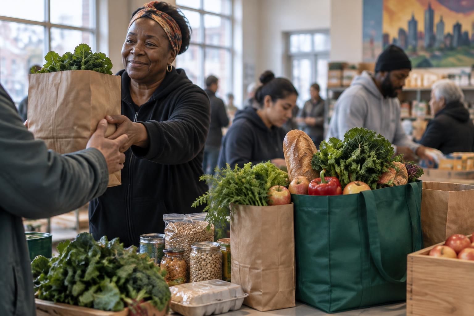 A community food market sharing bags of fresh groceries and produce