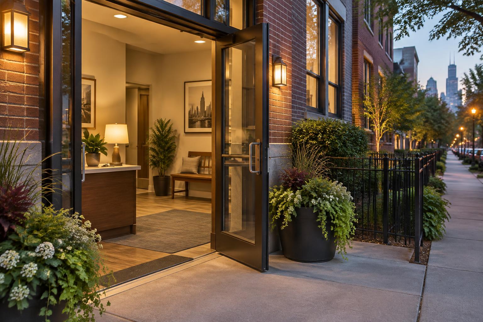 An open, warmly lit doorway welcoming people to a community support center